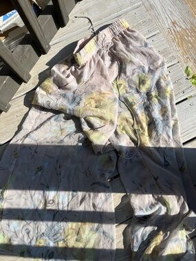 Sheer Floral Print pants Pale Blush with Yellow & Blue Flowers
